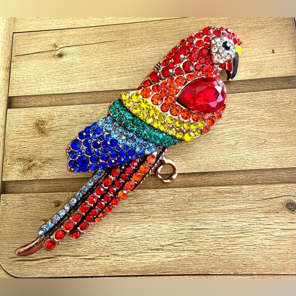 Multicolored Brilliant Crystal Macaw Parrot Brooch Pin, Rose Gold Metal Finish